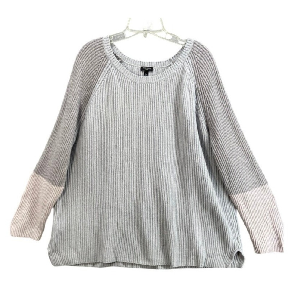 Talbots Sweater Woman 3X Light Gray Ribbed‎ Lambswool Blend Colorblock Sleeve